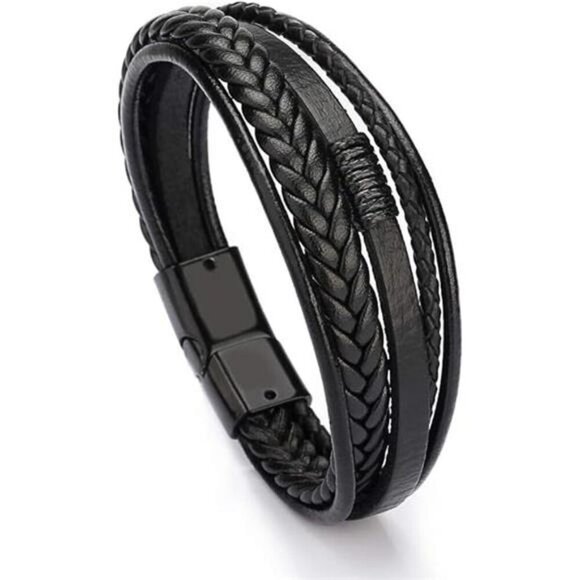 Mens Black Brown Leather Bracelet Multi Strand Braided Casual Wristband Gift - Picture 8 of 8